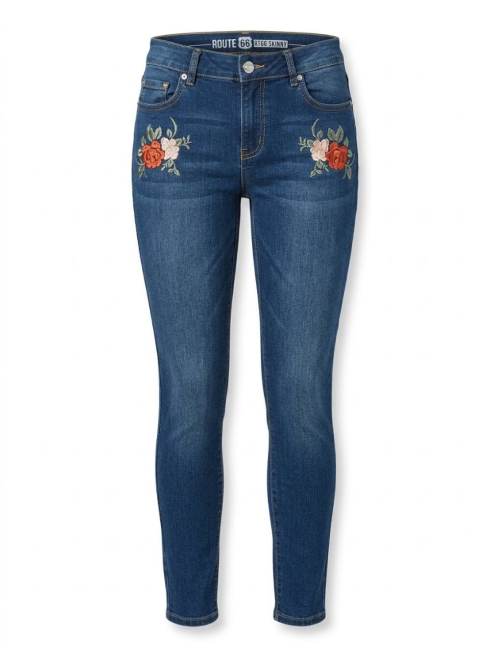 Route 66 Navy Blue Skinny Jeans with Red Floral Embroidery